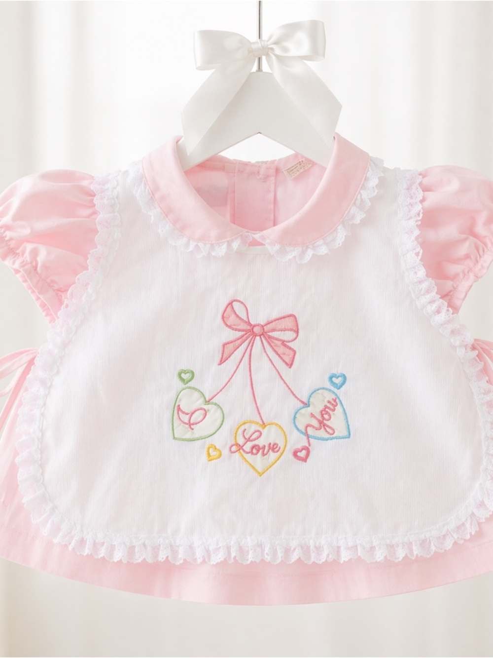SPECIAL Rare Vintage Pink Embroidered Apron Top 12M Heirloom Frill